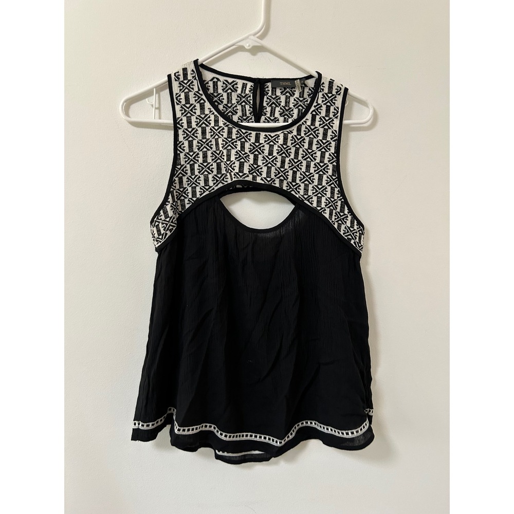THML Black White Embroidered Cutout Sleeveless Rayon Tank Top Blouse Small